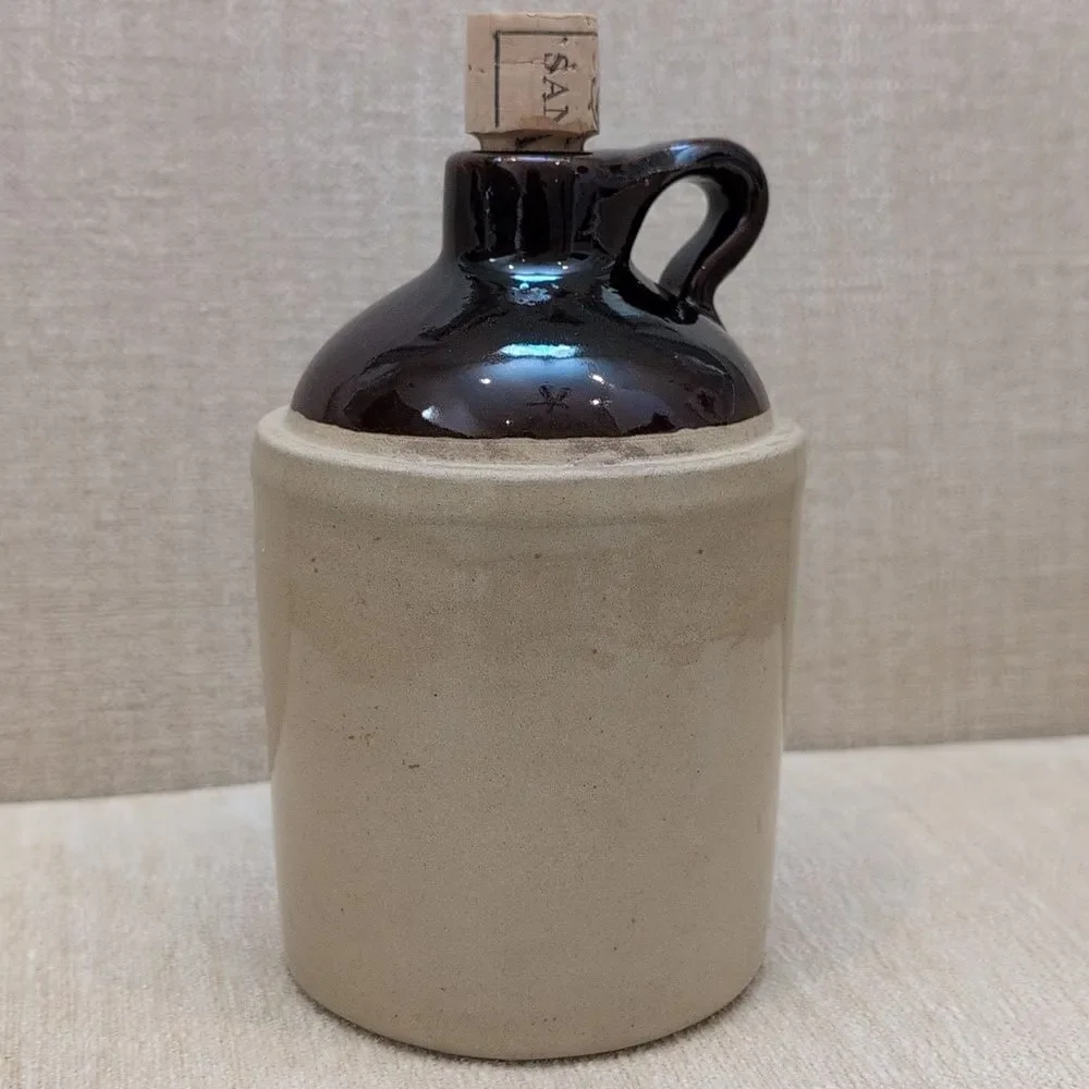Vintage Pottery Whiskey Crock Stoneware Jug with Handle and Cork Made In USA